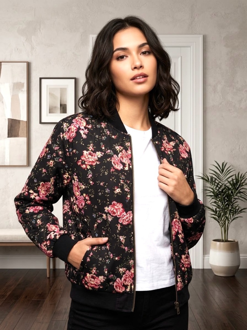 FOREVER 21 Black Floral Rose Print Bomber Jacket - Zip Up